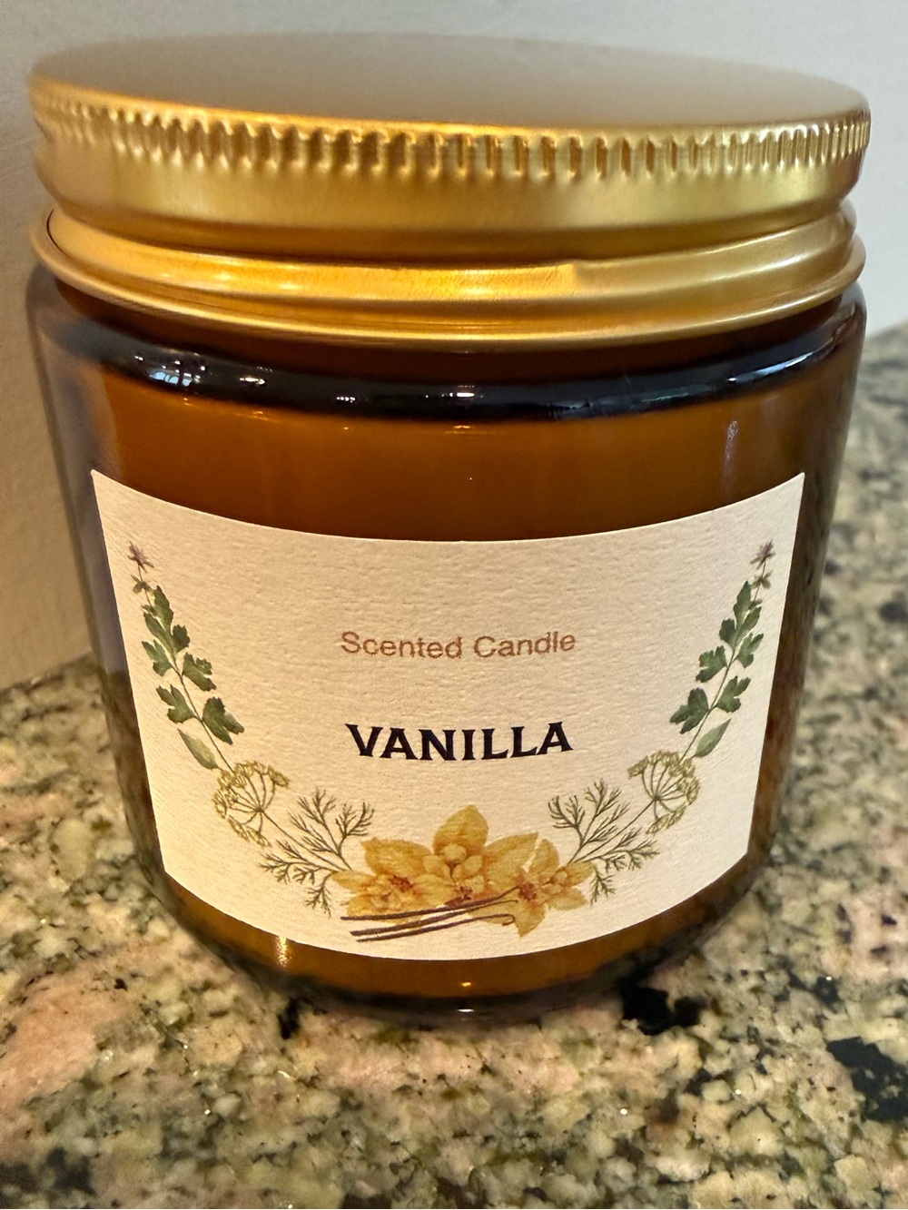 Vanilla Scented Candle - Amber Glass Jar with Gold Lid